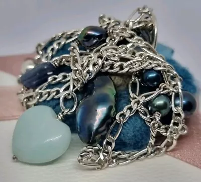 Genuine PANDORA Amazonite Blue Pearls Blue Topaz & Kyanite Necklace  💕 S925 ALE • £300