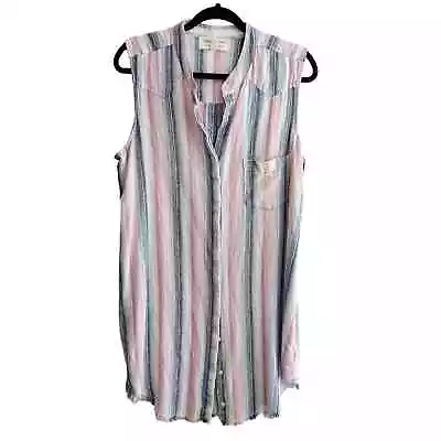 Cloth & Stone Linen Blend Striped Sleeveless Button Front Tunic Top Dress Large • $30