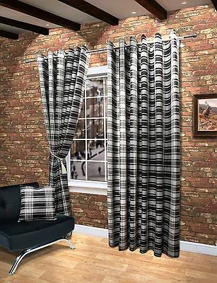 Pair Of Eyelet Tartan Checked Stripe Ready Made Lined Curtains Black Red Natural • £4.50