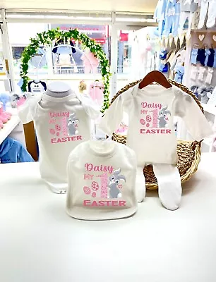 £5.99 • Buy Personalised Baby Girls 1st Easter Bib Vest Grow Pyjamas First Easter Egg Bunny