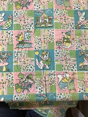 Vintage Nursery Fabric 1950s Colorful Block Duck Bunny Animals 1 Yard 9” X 36” W • $19.97