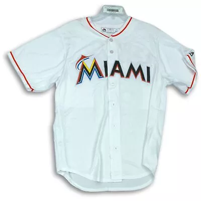 Majestic White Orange Mens Miami Marlins Genuine Merchandise Shirt Jersey Size L • $25.99