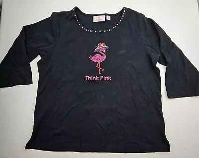 Quacker Factory Womens  Med Top Think Pink Flamingo Rhinestones Black PTP 20in • $16.53