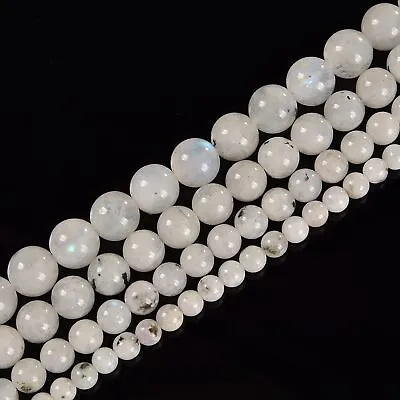 White Moonstone With Black Specks Smooth Round Beads Size 4mm -12mm 15.5''Strand • $8.49