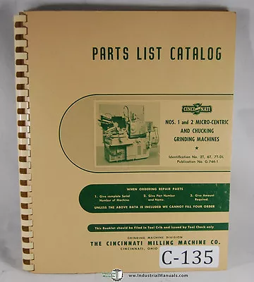 Cincinnati No. 1 And 2 Micro Centric And Chucking Machine Parts Manual 1962 • $110