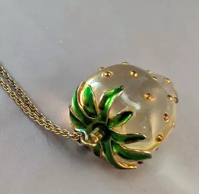 Vintage Clear Lucite Strawberry Pendant Enameled Leaves & Chain Unsigned Lane? • $23.50