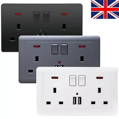 Double Wall Plug Socket 2 Gang 13A W/ 2 Charger USB Ports Outlets Flat Plate NEW • £6.98
