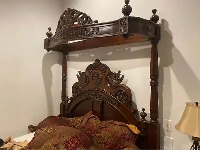 Victorian Mahogany Vintage Half Tester Queen Size Canopy Bed Frame Carved Birds • $4000