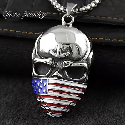 Mens American Flag Skull Pendant Necklace Punk Rock Biker Jewelry Box Chain 24  • $11.99