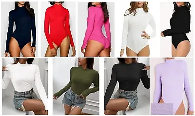 Women's Ladies Long Sleeve Mock Neck Bodysuit Polo Leotard Sexy Stretch UK 8-26 • £8.25