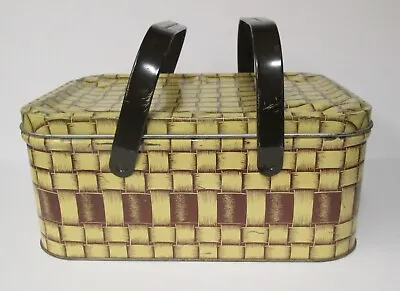 Vintage Retro Tan & Brown Faux Basket Weave Metal Picnic Basket W/  Handles • $39.99