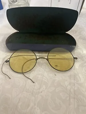 Antique Willson Wire Rimmed Round Yellow Glass W Tin Case • $9.99