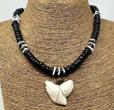 Resin Mako Shark Tooth Pendant Surfer Necklace For Men | Wooden Beads • $19.95