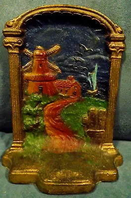 Antique Cast Bronze Bookend With A Dutch Scene Of Windmill Old Mill In Color • $9.99