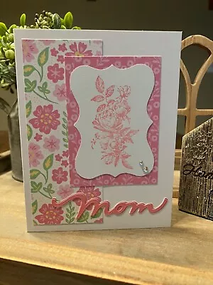 Handmade Mother's Day Card Pink Floral 'Mom' Script Blank Inside • $2.25