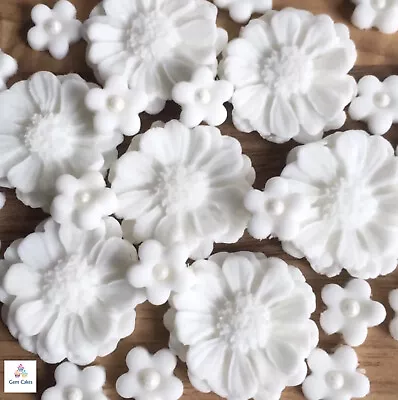 60 Edible White Daisy Wedding Flowers Fondant Sugar Paste Cake Decor Christening • £8.99