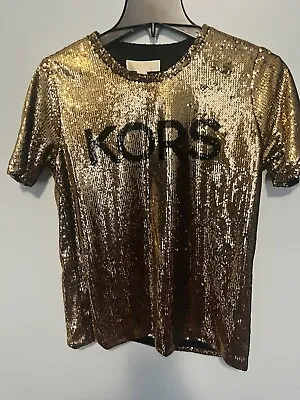 MICHAEL KORS WOMEN’S T-SHIRT TOP MK LOGO Tee Gold SEQUINS Glitter Party New Nwt • $94.05