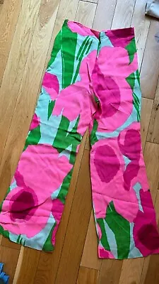 Vintage 70s Pants Colorful High Waisted Pink Green 27” Waist Linen Palazzo Pants • $25