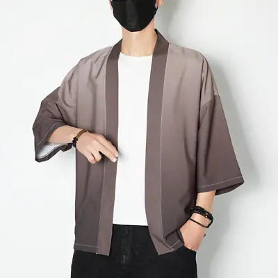 Plain Men Kimono Jacket Coat Cardigan Outwear Retro Japanese Yukata Haori • £19.43