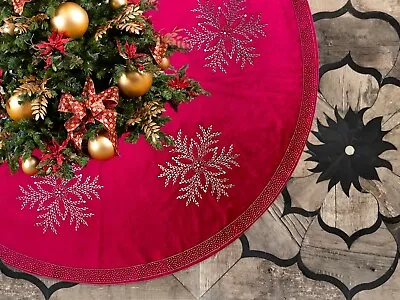 Christmas Tree Skirt Handmade Rhinestones Snowflake On Red Velvet Holiday Decor • $345