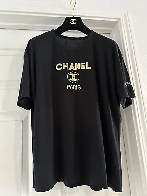 Chanel Boutique Vintage Black T-shirt Made In Paris Gold Metallic Embroidery • £280.23