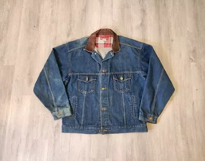 Vintage Marlboro Jacket Mens XL Denim Trucker Leather Collar Distressed Fade • $34.95