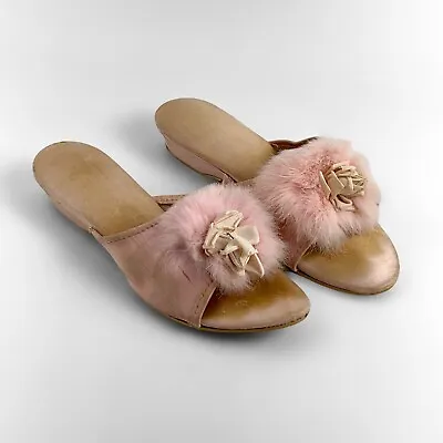 Vintage 1940s Pink Silk Rosette Fur Trim Boudoir Wedge Mules Slippers Shoes • $77.08