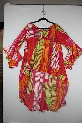 L Womens MANUHEALII Fuschia Orange FLORAL Hawaiian Dress Short Front Cape Back • $80