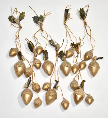 Acorn Christmas Ornaments Lot X6 Glitter Gold Dangle Green Leaves Cluster • $14.50