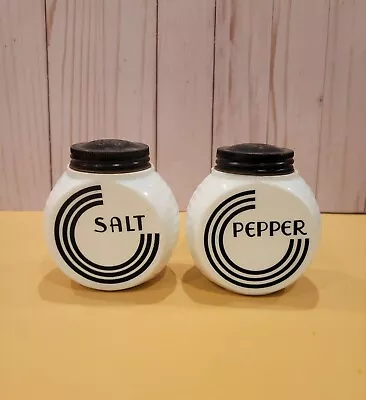 Anchor Hocking Fire King Black Circle Milk Glass Salt & Pepper Shakers Metal Lid • $54