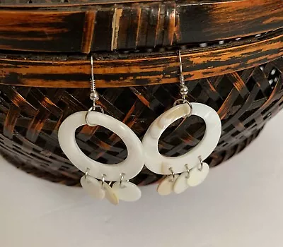 NWOT Cream Mother Of Pearl/ Abalone Shell Hoop Dangle Earrings With Shell Disc • $5.95