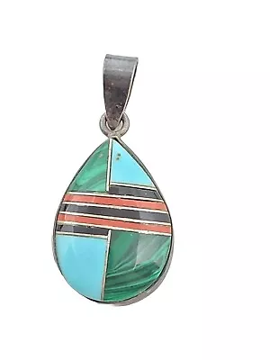 Vtg Native American Sterling 925 Silver Turquoise Malachite Onyx Inlay Pendant • $37.50