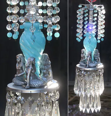 Mermaid Swag Lamp Chandelier Blue Glass Brass Silver Crystal Beads Sea Scape Whi • $549