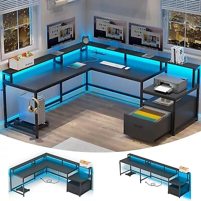 L Shaped Computer Desk With Led Lights 66  Home Office Desk With Power Outlet • $149.97