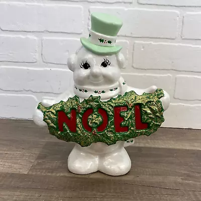 Vintage Ceramic Frosty The Snowman Glitter NOEL Holly Sign Kitsch Christmas 9” • $24.99