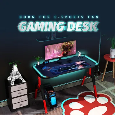 $249.95 • Buy Gaming Desk LED RGB Computer Table Headphone Hook Cable Hole Wireless Charging 