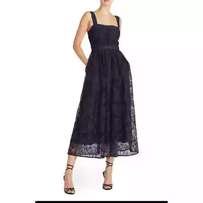 ML MONIQUE LHUILLIER Midi Dress Womens 2 Lace A-Line Navy Blue New • $161.10