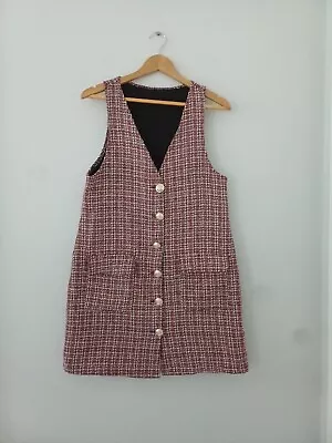 Bnwot Red Cream Black Plaid Checked Boucle Pinafore Dress Size 10 - 12 • £16.99