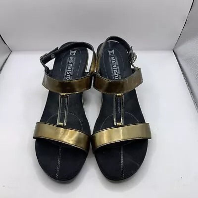 Mephisto Straps Wedge Sandals Leather Gold Embossed Women’s EU 40 US 9-9.5 • $35.99