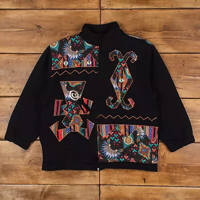 Vintage Rafael Tapestry Jacket M 90s Aztec Geometric Quilted Black Zip • $50.52