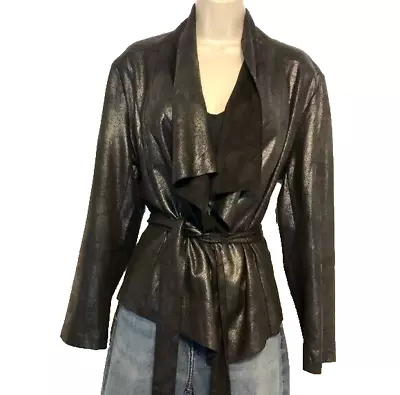 Cristina Jacket Vegan Leather Suede LARGE Black Flyaway Collar 80s Metal NWT • $29.50