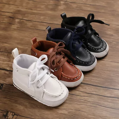 Newborn Baby Boy Pram Shoes Infant Laces Up Booties Toddler Pre-Walker Trainers • £4.99