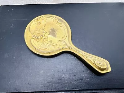 Vintage ART NOUVEAU EMBOSSED GOLD BRASS MINIATURE ROUND HAND MIRROR Floral • $19.99