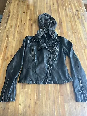 FREE PEOPLE Women’s Vegan Leather Moto Biker Removable Hood Jacket Size 0 Black • $29.99