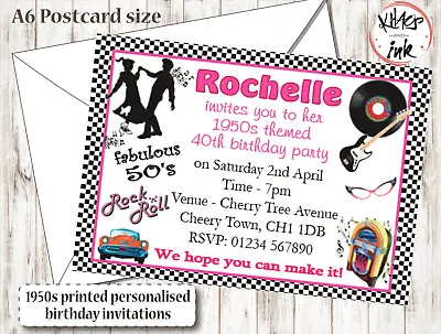£3.50 • Buy 10 Personalised 1950s Themed Birthday Party Invitations/Invites With Envelopes