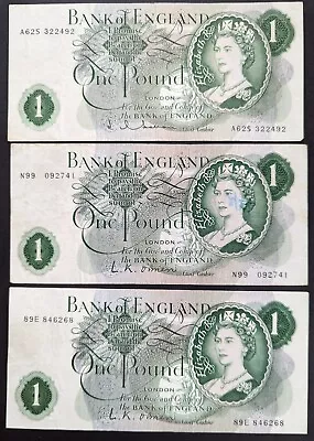 Bank England 3 X One Pound Note Banknote  2 X L. K. O'Brien 1 X J S Hollom • £5