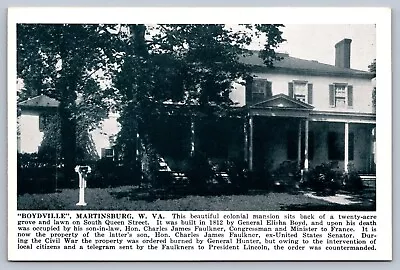 Postcard Martinsburg WV  Boydville  Colonial Mansion • $4.95