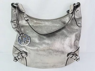 Michael Kors Pewter Gunmetal Metallic Leather Studded Satchel Shoulder Bag Purse • $49.99