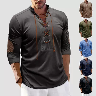 Men's Long Sleeve Lace Up Pullover T Shirt Casual Slim Fit V Neck Tops Blouse UK • £15.49