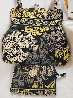 Vera Bradley Baroque Tote Shoulder Handbag& Wallet 2 Straps Black Yellow Gray • $16.77